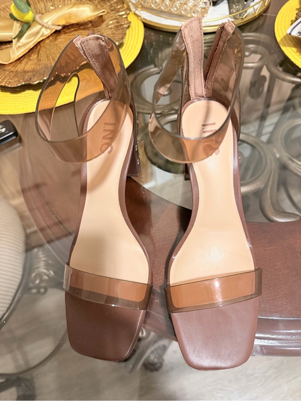INC International Concepts Brown Clear Strap Block Heels